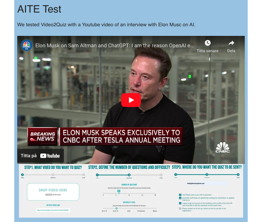 Video2Quiz service gets a great review at AItoolsexplorer.com